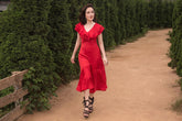 Silk Midi Dress with Ruffled Bodice, Flutter Sleeves and Flared Hemline for Formal Occasions